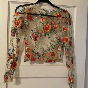 See-through floral long sleeve crop top